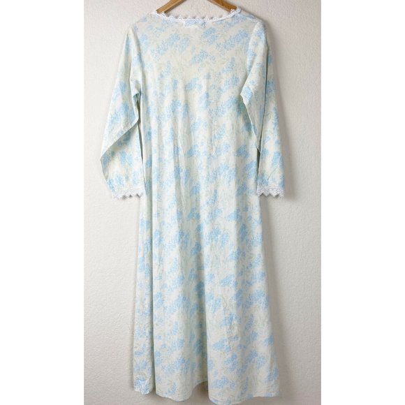 VINTAGE EILEEN WEST Women Size Small Blue Floral Robe Sleep Nightgown Lace Trim - Picture 2 of 10
